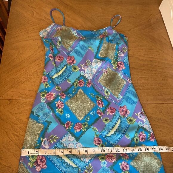 Vintage My Michelle Blue & Green Patchwork Handkerchief Midi Dress Size 9 - Picture 11 of 12